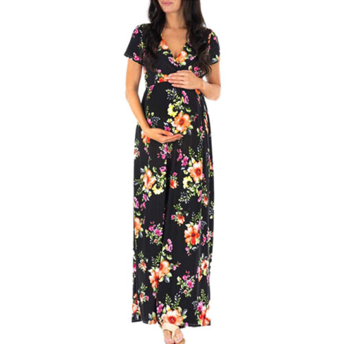 Pregnant Women/'s Floral V Neck Wrap Nursing Maxi Dresses Short Sleeve Party Gown