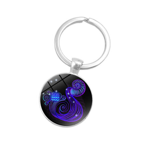 12 Constellation Zodiac Sign Key Rings Round Glass Pendant Keychain Xmas Gifts