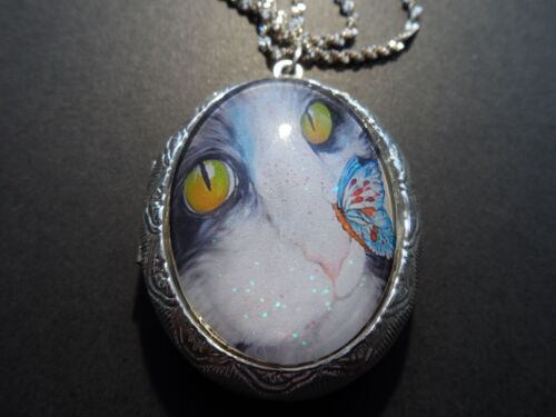 SILVER PLATED CAT BUTTERFLY KISSES LOCKET
