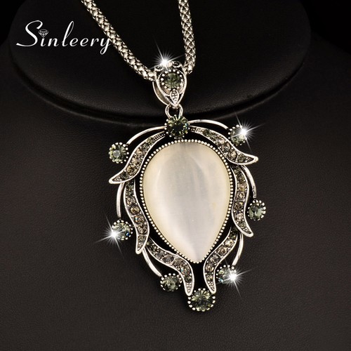 Vintage Big Opal Cubic Zirconia Pendant Long Necklace For Women Fashion Jewelry