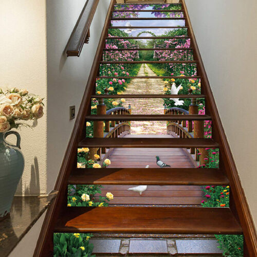 3D Pink Flower Garden Bridge Stair Sticker Self-Adhesive Staircase Sticker Decor 