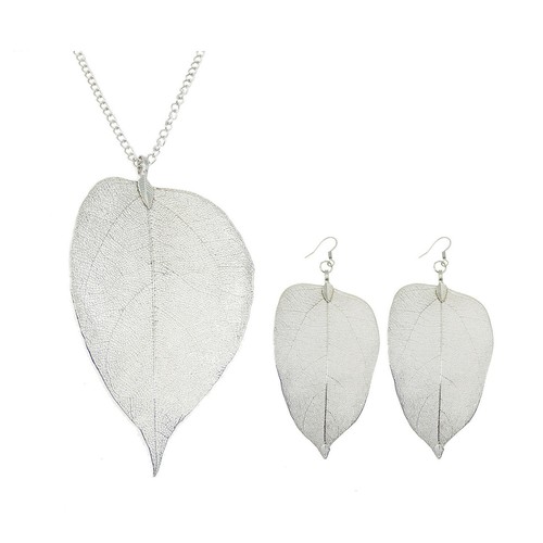 Natural Filigree Leaf Pendants Charms Ear Hook Set Jewelry Earrings+Necklace Set