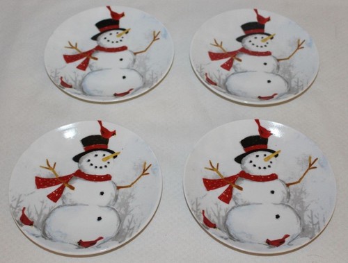 222 Fifth Winter Cheer Snowman Porcelain Holiday Appetizer Plates Set of 4 New