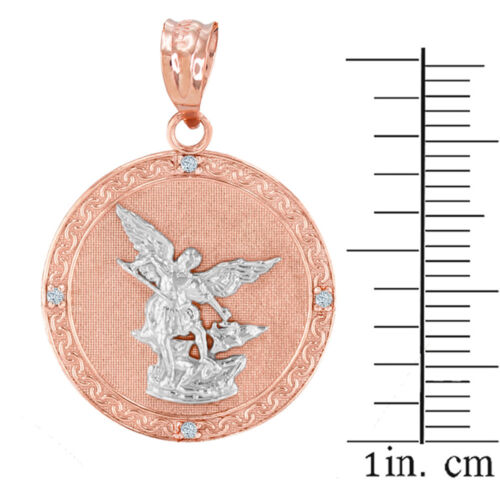 Two Tone Rose Gold St Michael Diamond Engraved Prayer 1.14" Pendant Necklace 