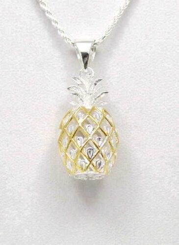 STERLING SILVER 925 2 TONE YELLOW GOLD LARGE 3D HAWAIIAN PINEAPPLE PENDANT