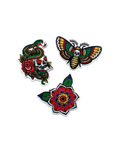 Biker tattoo patches iron on serpent snake skull Tudor rose moth butterfly goth