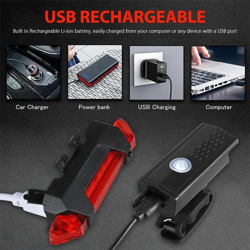 Bike Bicycle Light USB LED Rechargeable Set Cycle Front Back Headlight Lamp