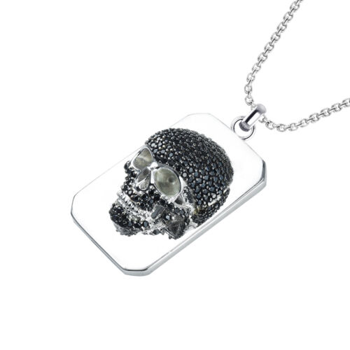 Extremely detailed intricate skull Necklace set with Black Spinel 