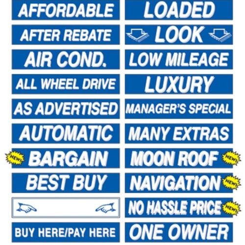 Car Dealer Window Stickers Slogans Blue and White 25 packs 15" Mix and Match 