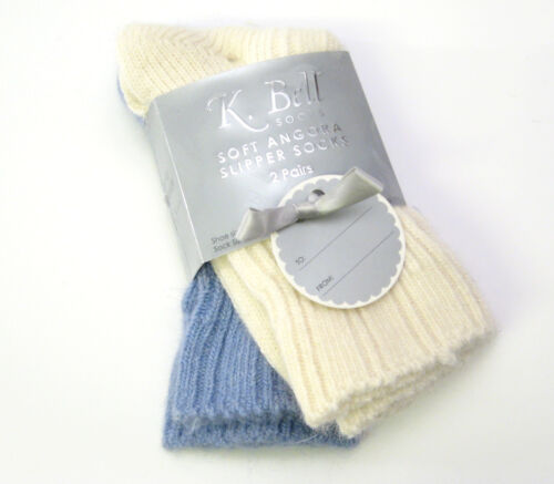 2 PR K Bell Ladies Slipper Socks NEW or Boot Angora Blend Blue // Cream
