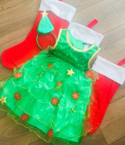 NUOVO George Albero di Natale Vestito Età 1-2 3-4 5-6 Costume con Fascia Testa