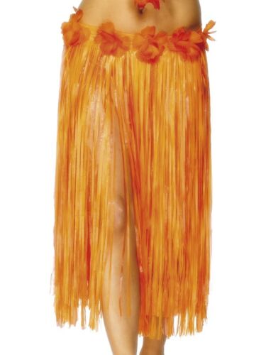 Ladies Long Orange Hawaiian Hula Girl Floral Grass Skirt Fancy Dress Costume