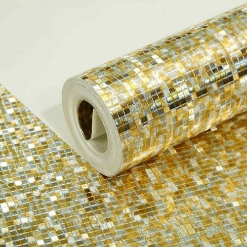10m Mosaik Tapete Rollen Geprägt Beflockt Wandaufkleber PVC Wasserfest Golden