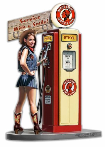 Service with a Smile Mohawk Gas Pump Girl Metal Sign 