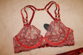 SET Bordelle Cymatic Plunge Wire Bra Strap Thong Burnt Red 24k gold S + M NWT