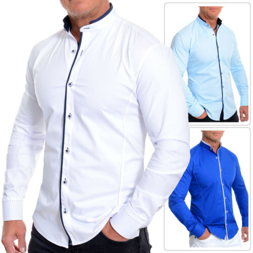 Mens Elegant Long Sleeve Shirt Smart Mandarin Collar Cotton White Blue Stitching