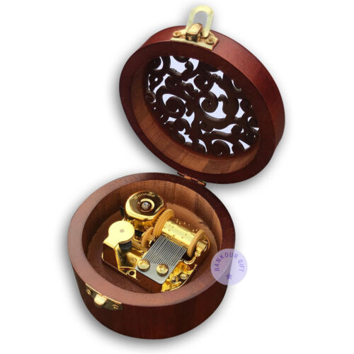Play "Unchained Melody" Wooden Circular Shape Music Box With Sankyo Movement 