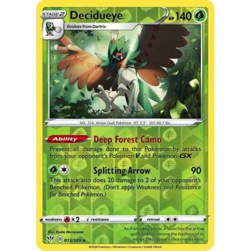 Decidueye 013//189 S /& Shield Darkness Ablaze REVERSE HOLO PERFECT MINT Pokemon