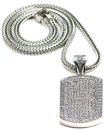 Dog Tag Necklace New ID Pendant with Rhinestones on 36 Inch Franco Style Chain