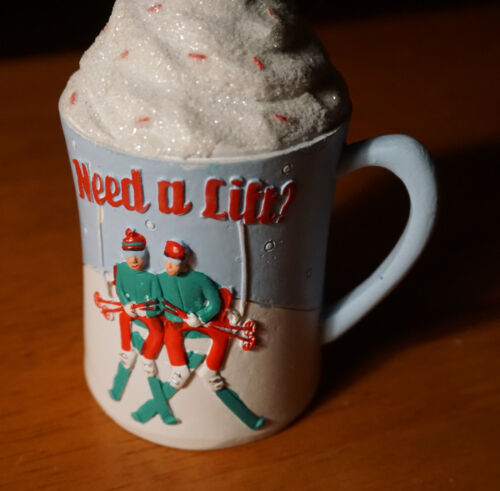 NEED A LIFT ? I LOVE SKIING Skier Ski Lodge Coffee Mug Cup Ornament Set NEW