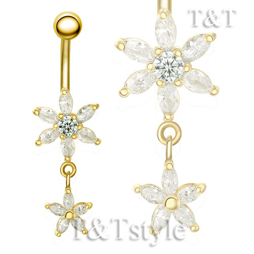 Details about   TT Gold-Tone CZ Flower Dangle Belly Bar Ring 4 Colour Body Piecing BL126 