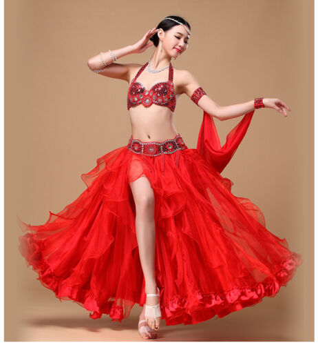 Belly Dance Costume Outfit Set Bra Top Belt Hip Scarf Skirt Dress Hollywood 3PCS