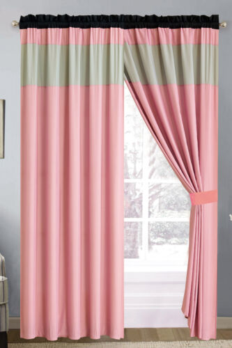 4-Pc Chic Solid Striped Curtain Set Pink Black Silver Gray Sheer Liner Drape Rod 