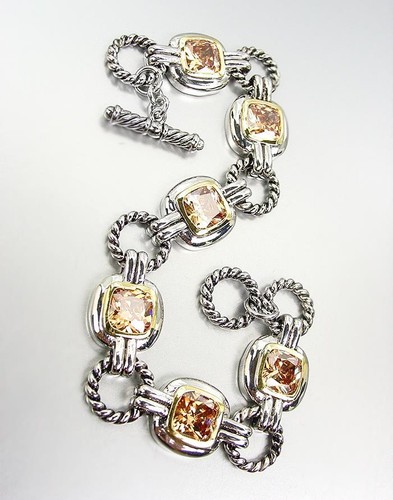 Exquisite Silver Câble Anneaux Marron Topaz Zircon Cristal Liens Toggle Bracelet