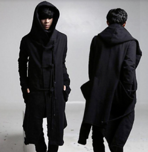 Mens Cotton blend Hooded Long Gothic Trench Coats Jackets Outwear Punk Black