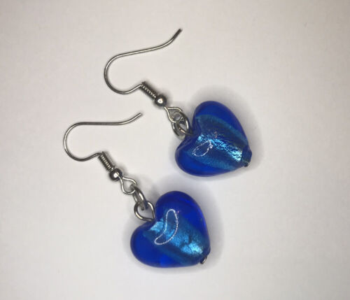 Pretty Murano Glass Heart Drop Earrings Blue Great Gift Valentines