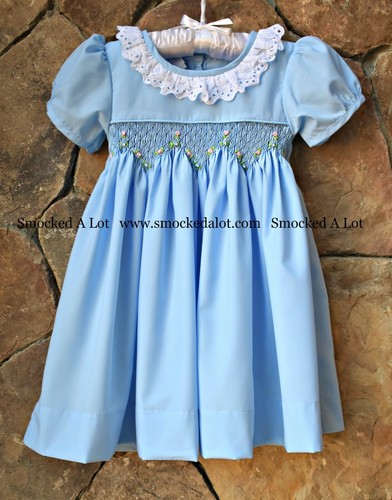 Smocked A Lot Girls Easter Dress Blue Blossoms Floral Lace Collar Church Classic