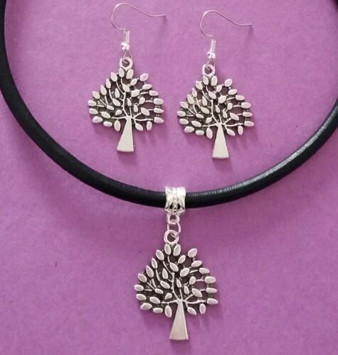 Black Leather Choker Necklace with Tree of Life Charm /& Matching Earrings Set