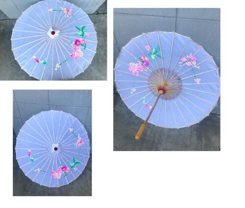 Hand Painted Off WHITE Silk Vintage Chinese Bamboo Parasol Umbrella  Flowers