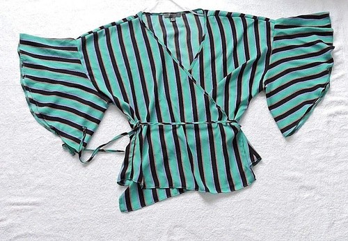Womens Kimono Sleeve Crossover Wrap Tie Stripped Blouse Top Holiday Shirt UK 18