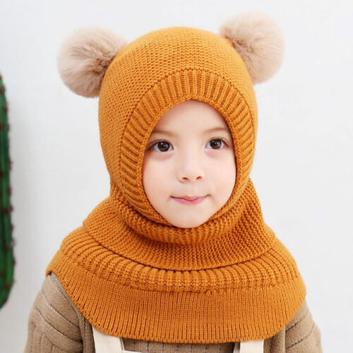 Baby Girls Kids Winter Hat Scarf PomPom Knitted Warm Fleece Beanie Skull Caps
