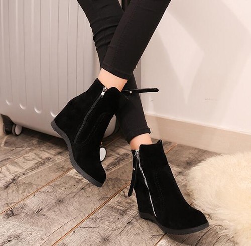 New Womens Mid High Hidden Wedge Heel Slouch Biker Zip Ankle Boots Casual Shoes