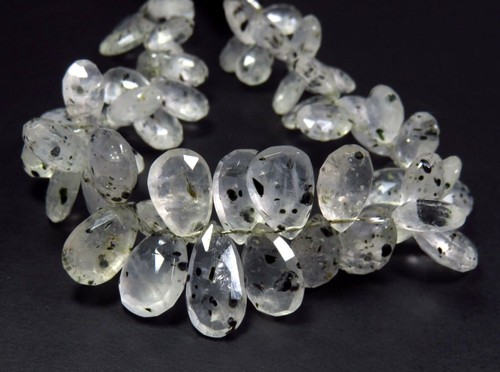 NATURAL BLACK DOT RUTILE QUARTZ FACETED BRIOLETTE PEAR SHAPE BEADS 8.5/" GV-427