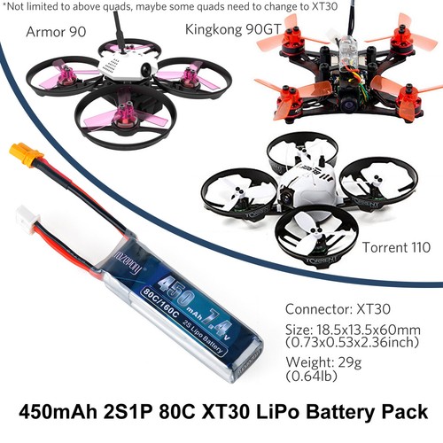 2x 450mAh 2S 7.4V LiPo Battery Packs XT30 Plug for Micro FPV Racing RC Drone Toy
