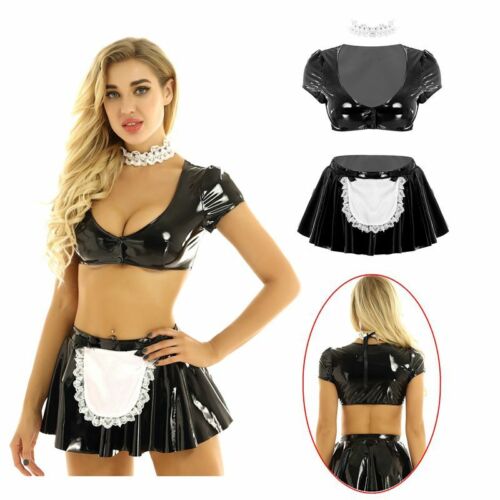 Women Puff Sleeve Bodysuit Maid Costume Cosplay A-line Dress Lace Choker Outfits