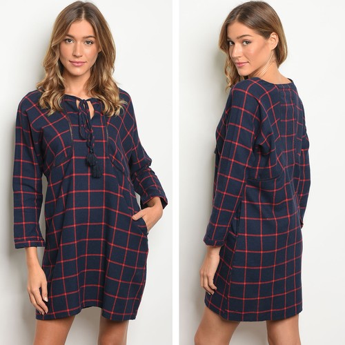 NEW FASHION WOMENS PLAID CHECKS FLANNEL LONG SLEEVE SHORT CASUAL TUNIC DRESS