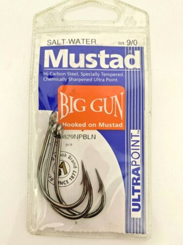 Mustad Big Gun Fishing Hook Salt Water Size 9/0 Chemically Sharpened 3 Hooks 