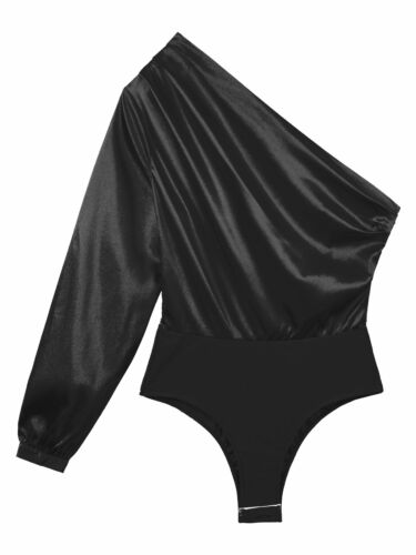 Women Satin Bodysuit One Shoulder Long Sleeve Leotard Zipper Ruched Tops Blouse