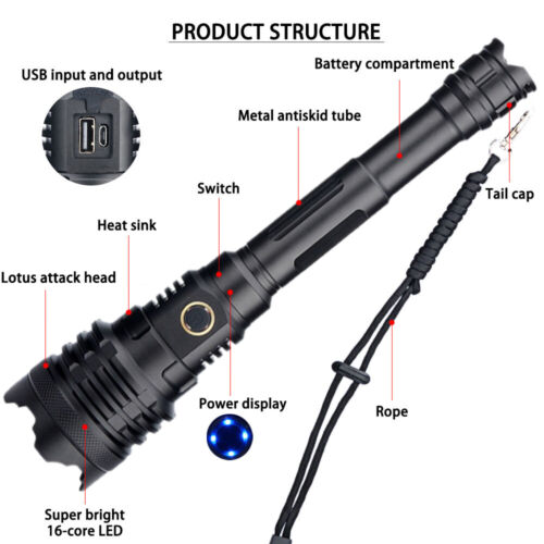 Ultra Bright XHP160 16-Core LED Flashlight Rechargeable Zoom Hunting Light Torch
