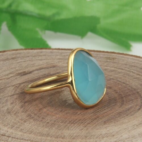 Aqua Chalcedony Stackable Ring 18k Gold Plated Dainty Engagement Ring Jewelry