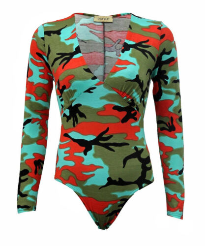 New Girls Celeb Look Ladies Camouflage Ruched V Neck Leotard Top Brand Bodysuit