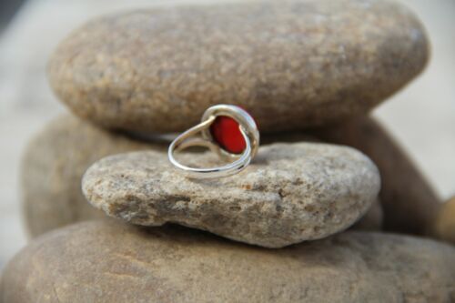 Solid 925 Sterling Silver Red Coral Round Shape Designer Handmade Ring All Size 