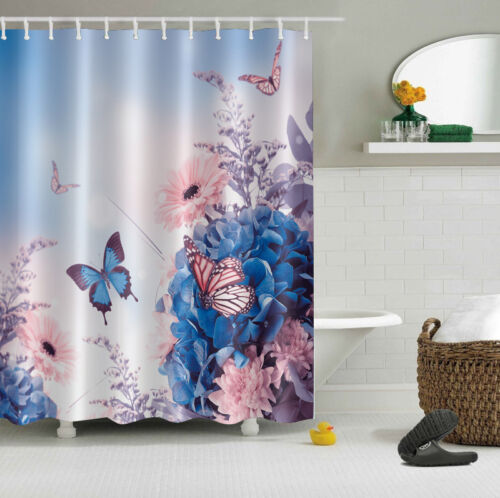 Spring Butterfly Flowers Polyester Fabric Shower Curtain Set Bathroom Mat Hooks 