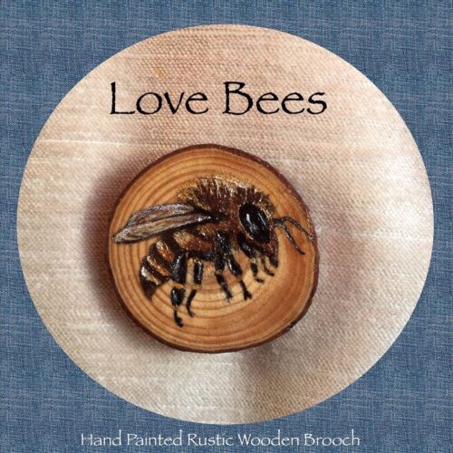 Love Bees Metallic Honeybee Rustic Wooden Brooch *Hand Painted