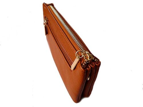 Tan Small Clutch Bag Multi Compartment Pocket Cross Body Purse Wrist Long Strap 