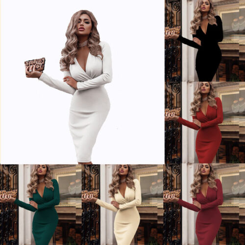 Cocktail Long Sleeve Mini Bodycon VNeck Dress Casual V Party Club Evening Womens
